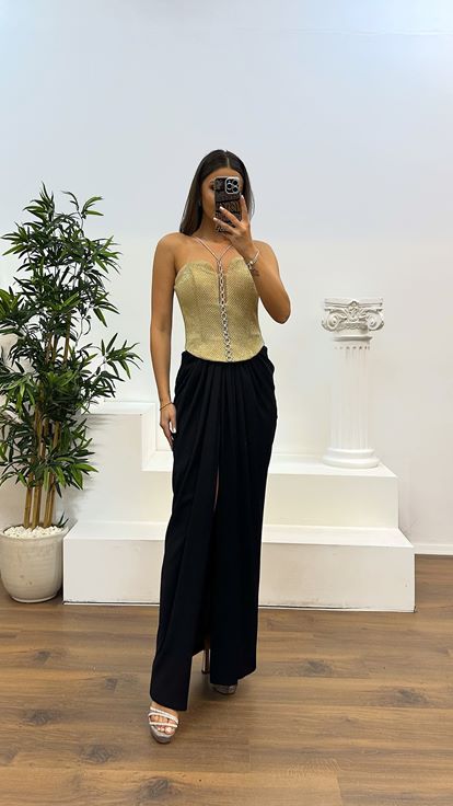 Gold Neck Detail Evening Dress