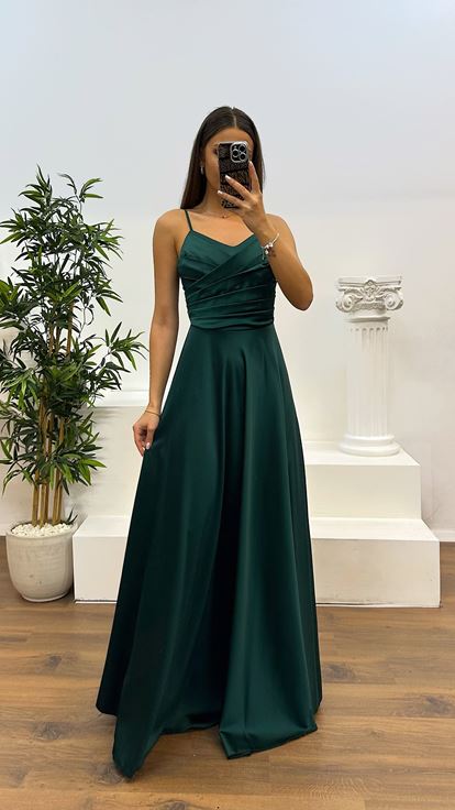 Emerald Chest Draped Satin Evening Dress