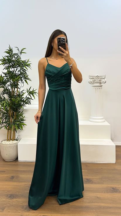Emerald Chest Draped Satin Evening Dress