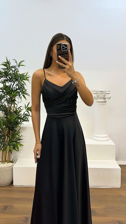 Black Chest Draped Satin Evening Dress