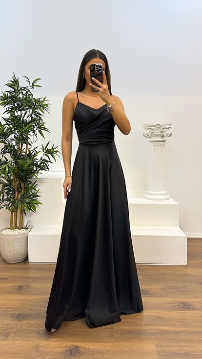 Black Chest Draped Satin Evening Dress