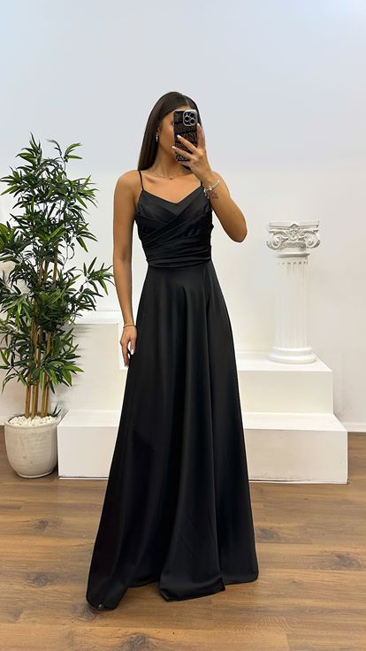 Black Chest Draped Satin Evening Dress