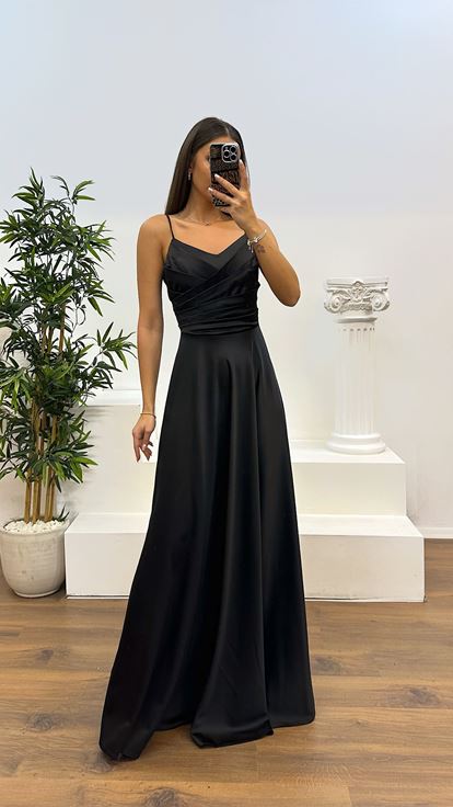 Black Chest Draped Satin Evening Dress