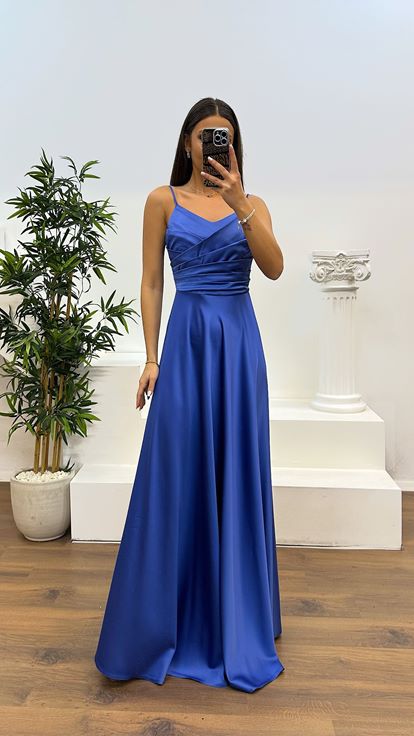 Indigo Chest Draped Satin Evening Dress