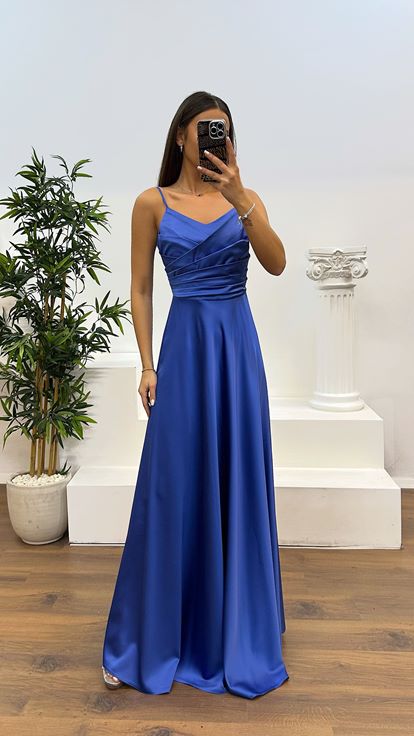 Indigo Chest Draped Satin Evening Dress