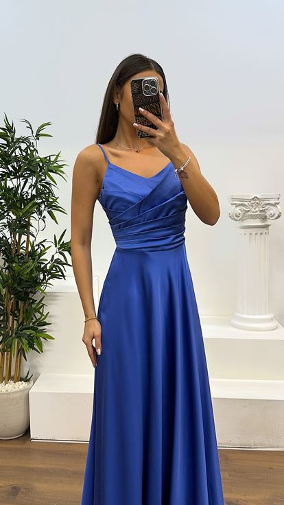 Indigo Chest Draped Satin Evening Dress