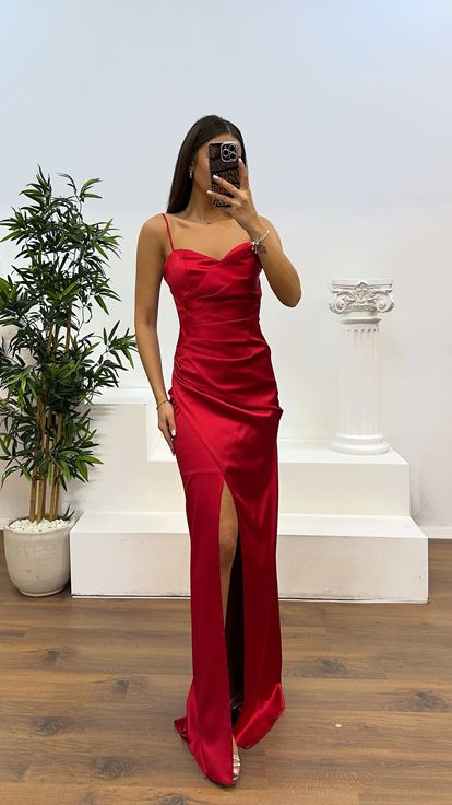 Red Rope Strap Back Detail Evening Dress