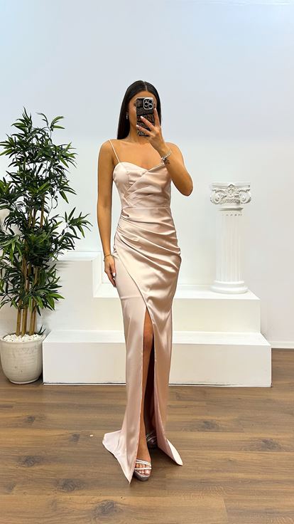 Light Powder Rope Strap Back Detail Evening Dress