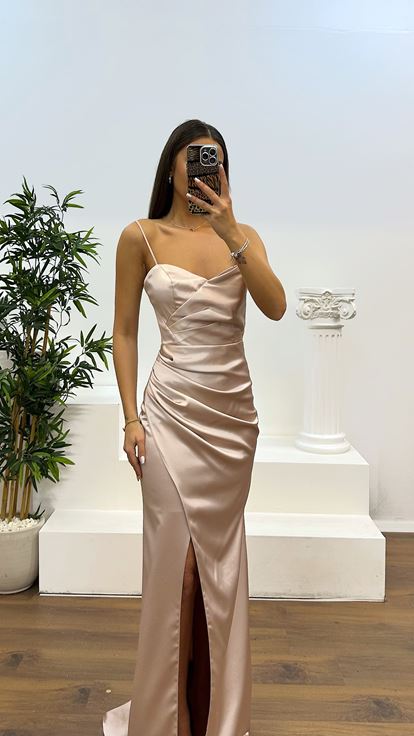 Light Powder Rope Strap Back Detail Evening Dress