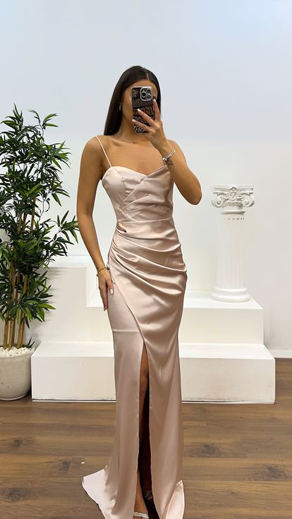 Light Powder Rope Strap Back Detail Evening Dress