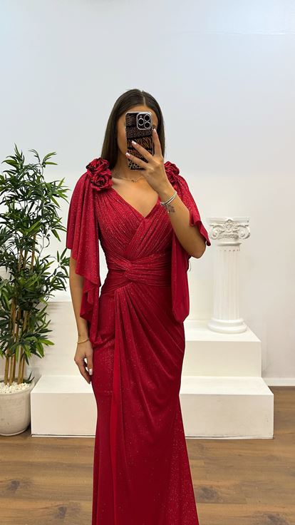 Kırmızı V Yaka Çiçek Detay Simli Abiye Elbise