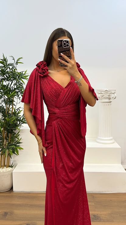 Kırmızı V Yaka Çiçek Detay Simli Abiye Elbise