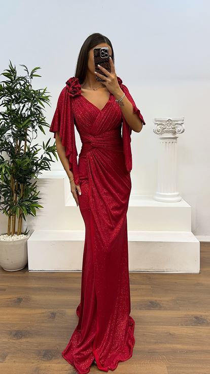 Kırmızı V Yaka Çiçek Detay Simli Abiye Elbise