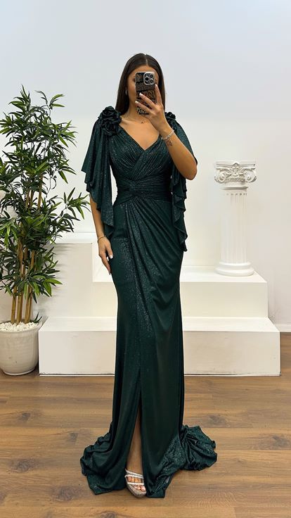 Zümrüt V Yaka Çiçek Detay Simli Abiye Elbise