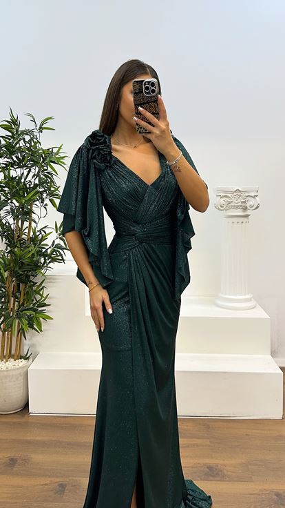 Zümrüt V Yaka Çiçek Detay Simli Abiye Elbise