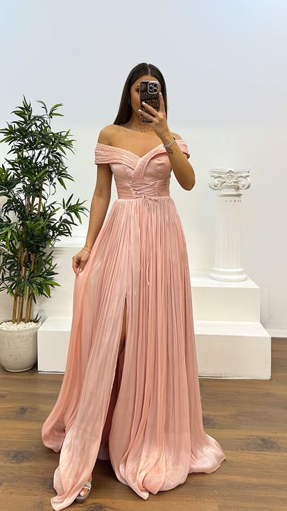Powder Madonna Collar Pleated Evening Dress