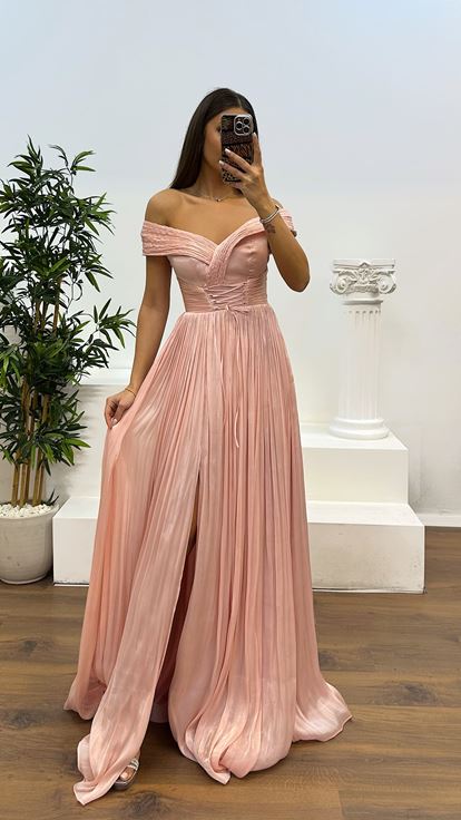 Powder Madonna Collar Pleated Evening Dress