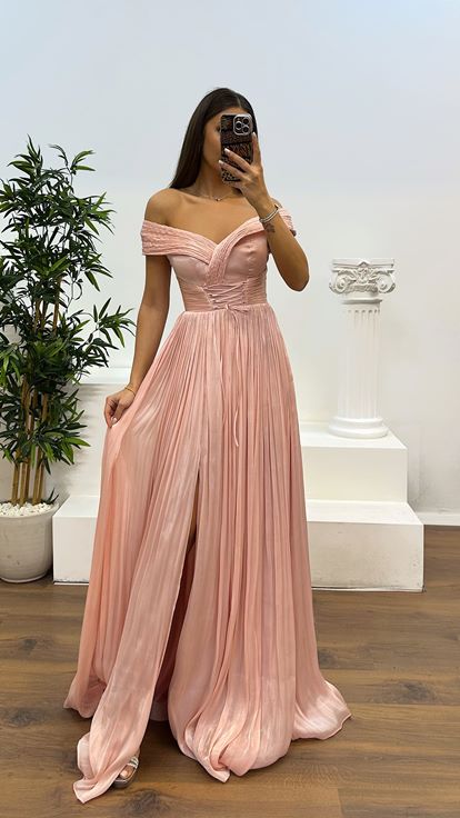 Powder Madonna Collar Pleated Evening Dress