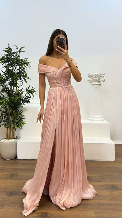 Powder Madonna Collar Pleated Evening Dress