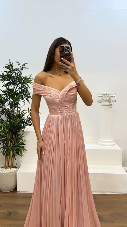 Powder Madonna Collar Pleated Evening Dress
