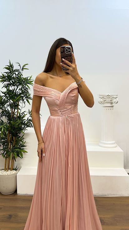 Powder Madonna Collar Pleated Evening Dress