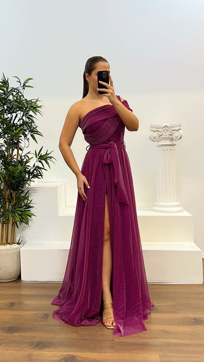 Abito da sera fucsia monospalla glitterato soffice taglie forti