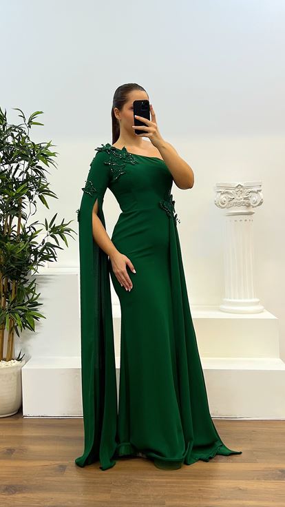 Zümrüt Tek Kol Büyük Beden Abiye Elbise