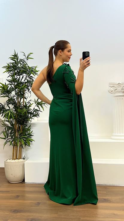 Zümrüt Tek Kol Büyük Beden Abiye Elbise