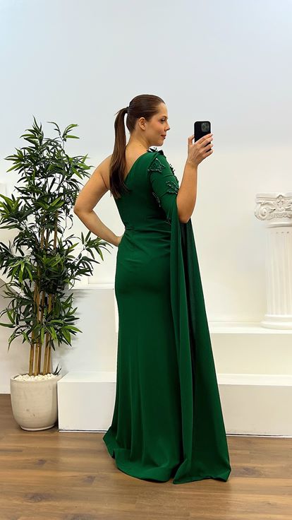 Zümrüt Tek Kol Büyük Beden Abiye Elbise