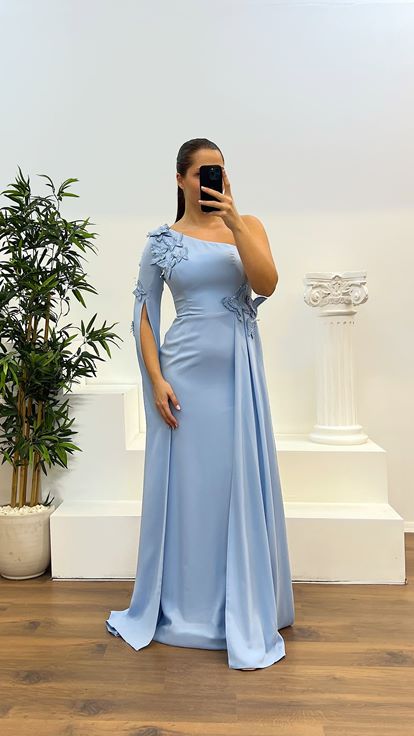 Mavi Tek Kol Büyük Beden Abiye Elbise