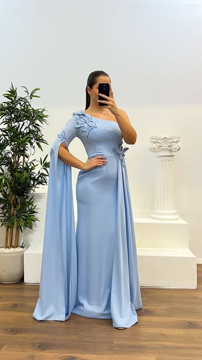 Mavi Tek Kol Büyük Beden Abiye Elbise