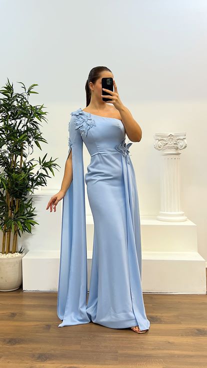 Mavi Tek Kol Büyük Beden Abiye Elbise