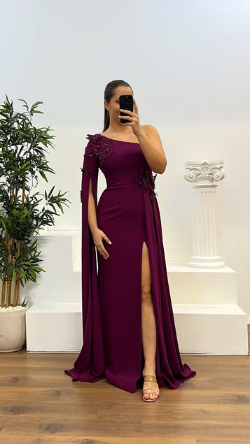 Plum Single Sleeve Plus Size Evening Dress