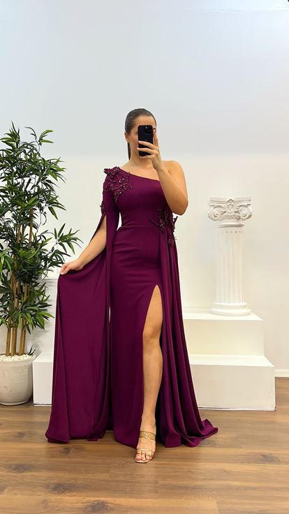 Mürdüm Tek Kol Büyük Beden Abiye Elbise