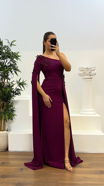 Mürdüm Tek Kol Büyük Beden Abiye Elbise