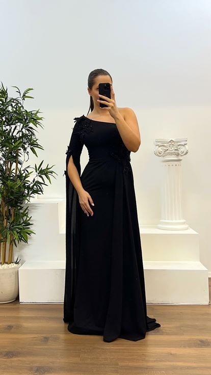 Siyah Tek Kol Büyük Beden Abiye Elbise