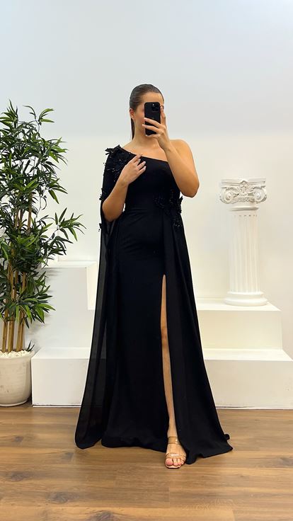 Siyah Tek Kol Büyük Beden Abiye Elbise