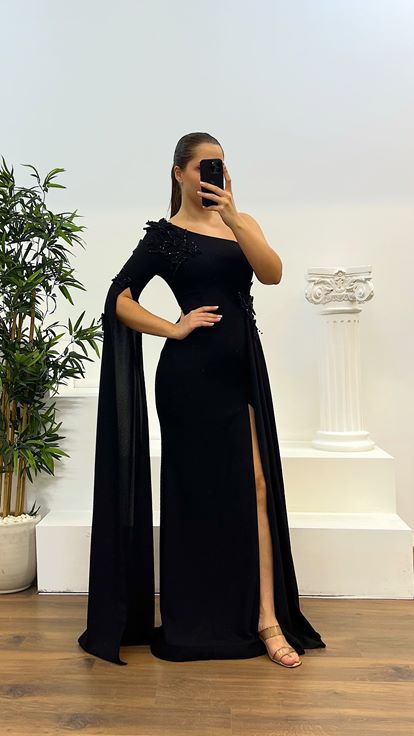 Siyah Tek Kol Büyük Beden Abiye Elbise