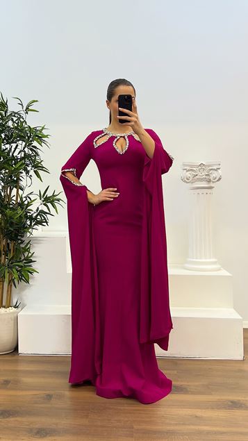 Plum Stone Detailed Plus Size Evening Dress