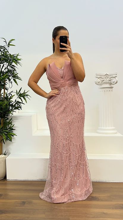 Powder Strapless Embroidered Plus Size Designer Evening Dress