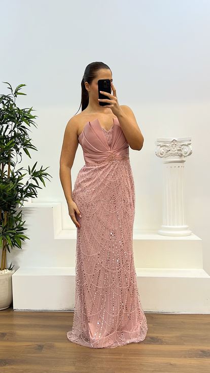 Powder Strapless Embroidered Plus Size Designer Evening Dress