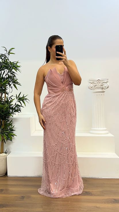 Powder Strapless Embroidered Plus Size Designer Evening Dress