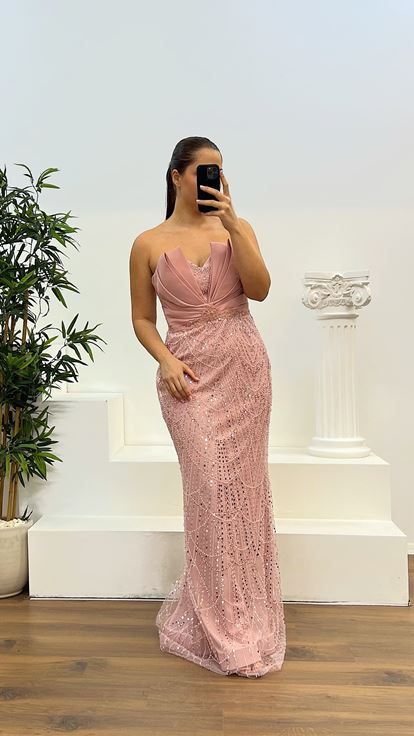 Powder Strapless Embroidered Plus Size Designer Evening Dress
