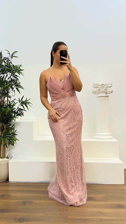 Powder Strapless Embroidered Plus Size Designer Evening Dress