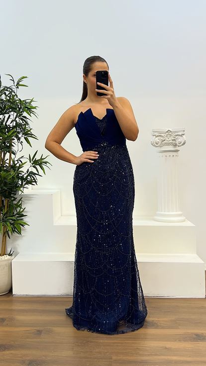 Navy Blue Strapless Embroidered Plus Size Designer Evening Dress
