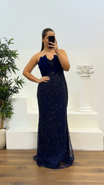 Navy Blue Strapless Embroidered Plus Size Designer Evening Dress