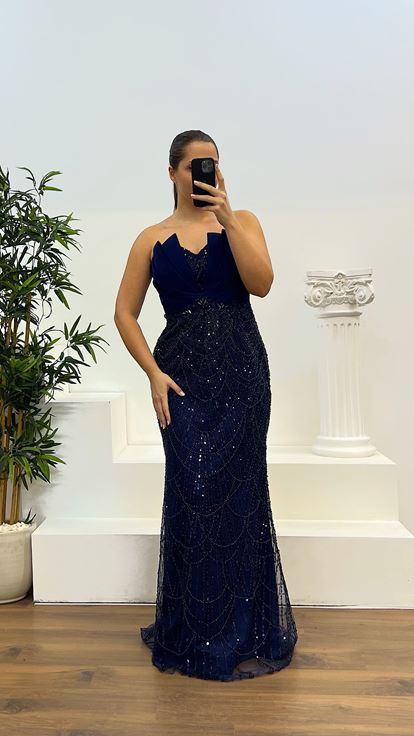 Navy Blue Strapless Embroidered Plus Size Designer Evening Dress