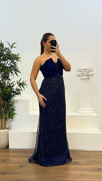 Navy Blue Strapless Embroidered Plus Size Designer Evening Dress