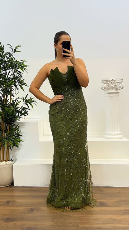 Haki Straplez İşlemeli Büyük Beden Tasarım Abiye Elbise