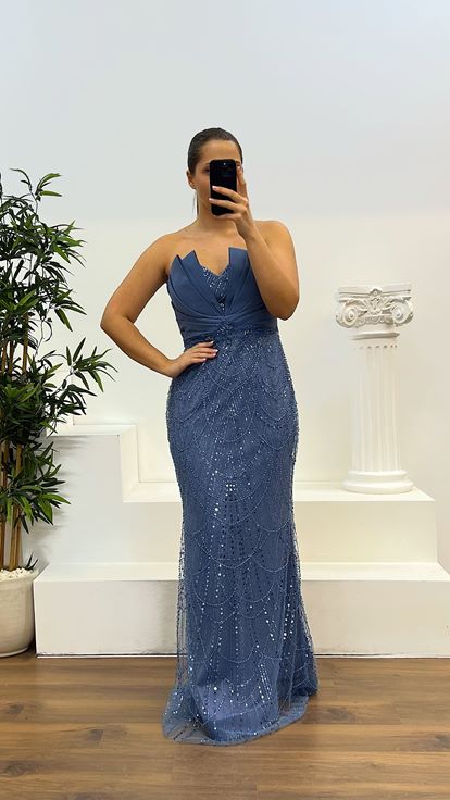 İndigo Straplez İşlemeli Büyük Beden Tasarım Abiye Elbise